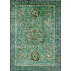 Photo of Green Copper And Teal Blue Oriental Washable Indoor Outdoor Area Rug