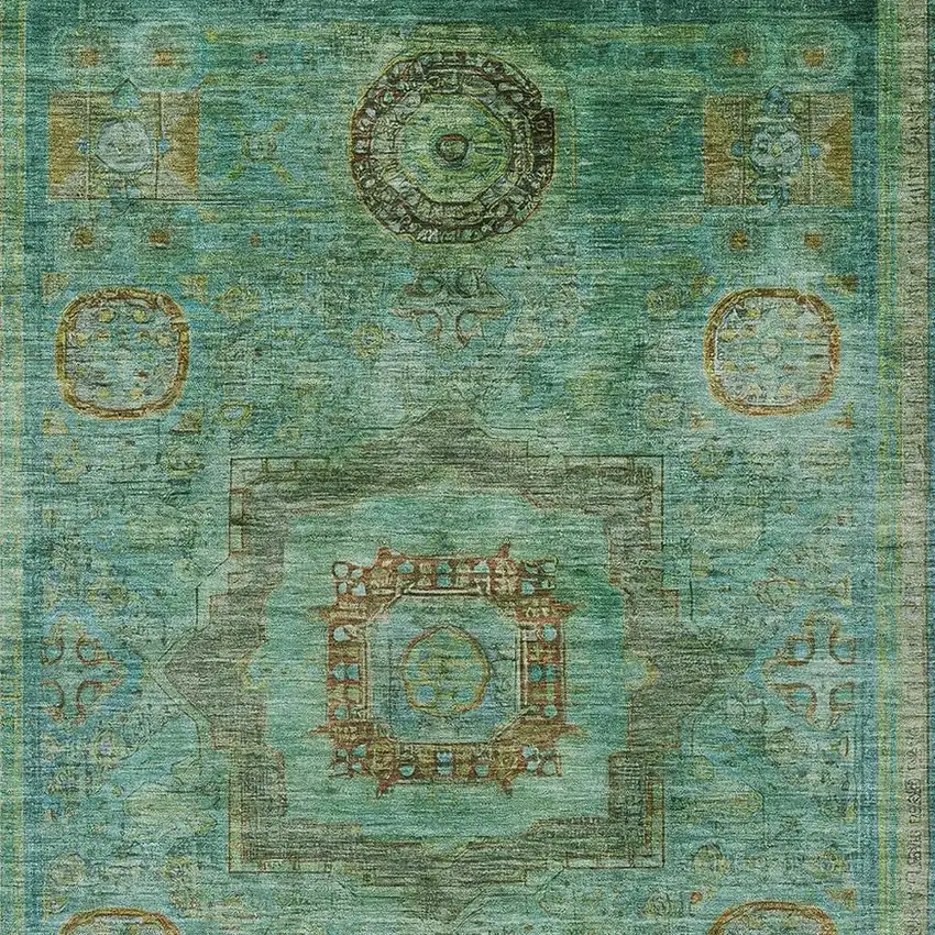 Green Copper And Teal Blue Oriental Washable Indoor Outdoor Area Rug Photo 3