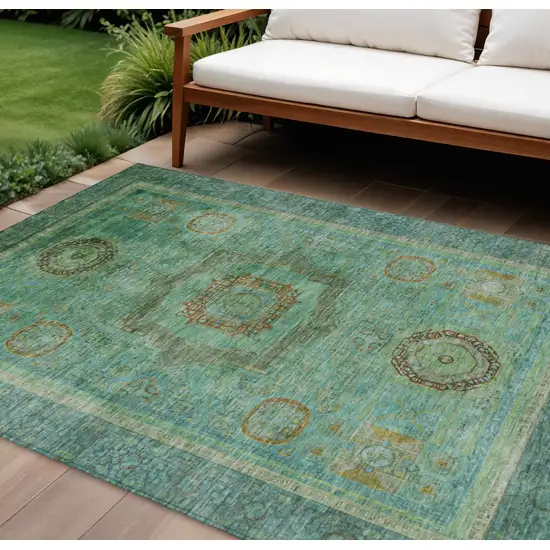 Green Copper And Teal Blue Oriental Washable Indoor Outdoor Area Rug Photo 2