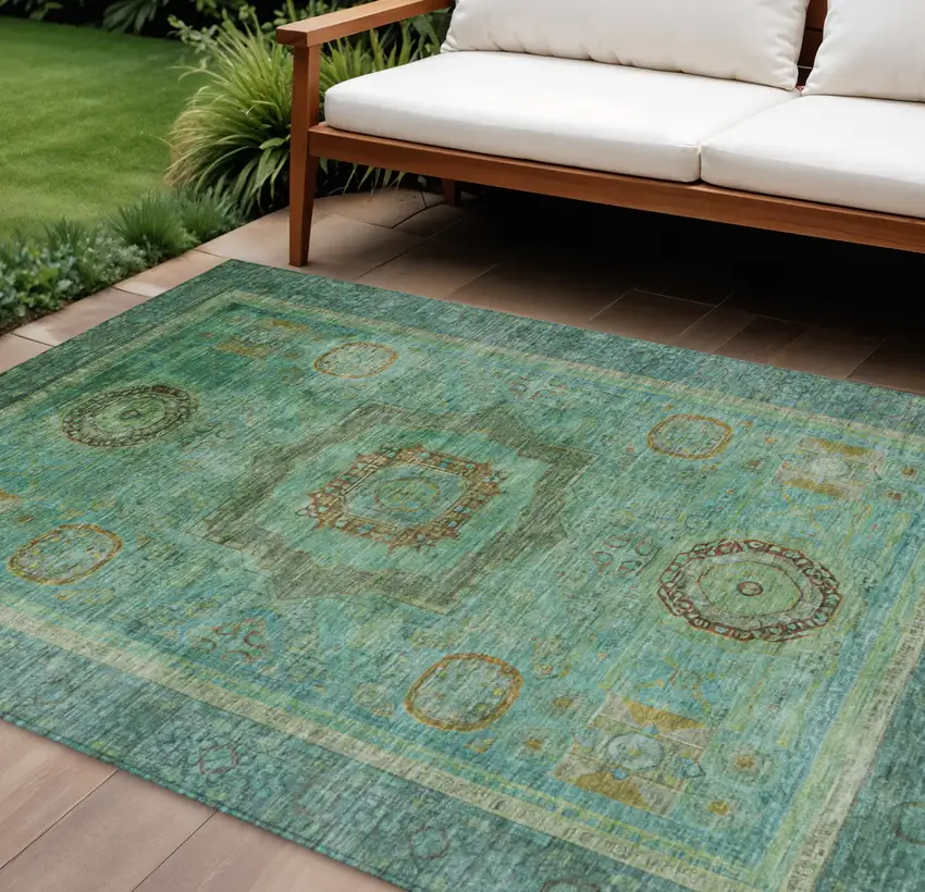 Green Copper And Teal Blue Oriental Washable Indoor Outdoor Area Rug Photo 2