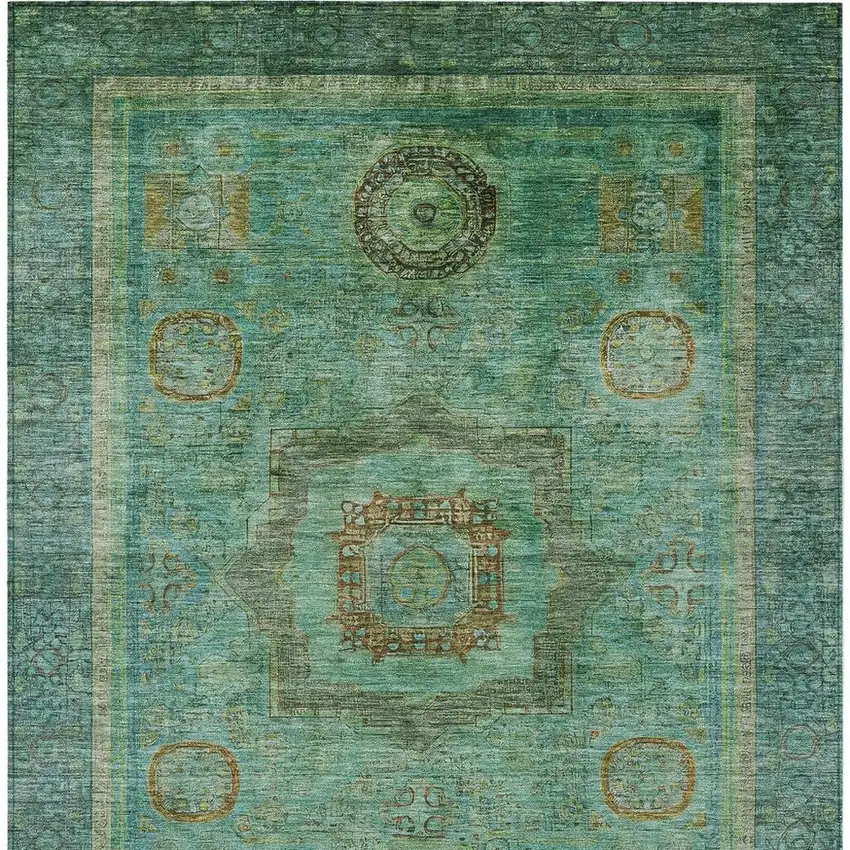 Green Copper And Teal Blue Oriental Washable Indoor Outdoor Area Rug Photo 5