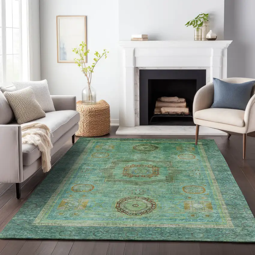 Green Copper And Teal Blue Oriental Washable Indoor Outdoor Area Rug Photo 9