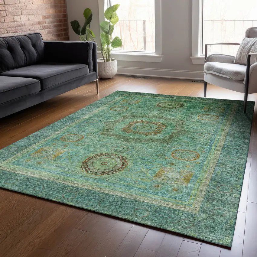 Green Copper And Teal Blue Oriental Washable Indoor Outdoor Area Rug Photo 8
