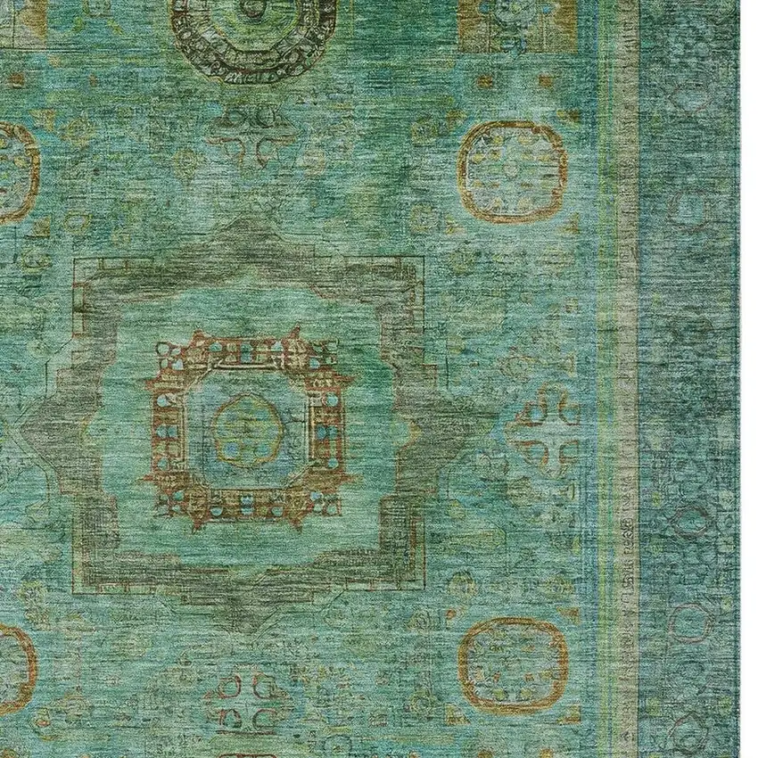 Green Copper And Teal Blue Oriental Washable Indoor Outdoor Area Rug Photo 4
