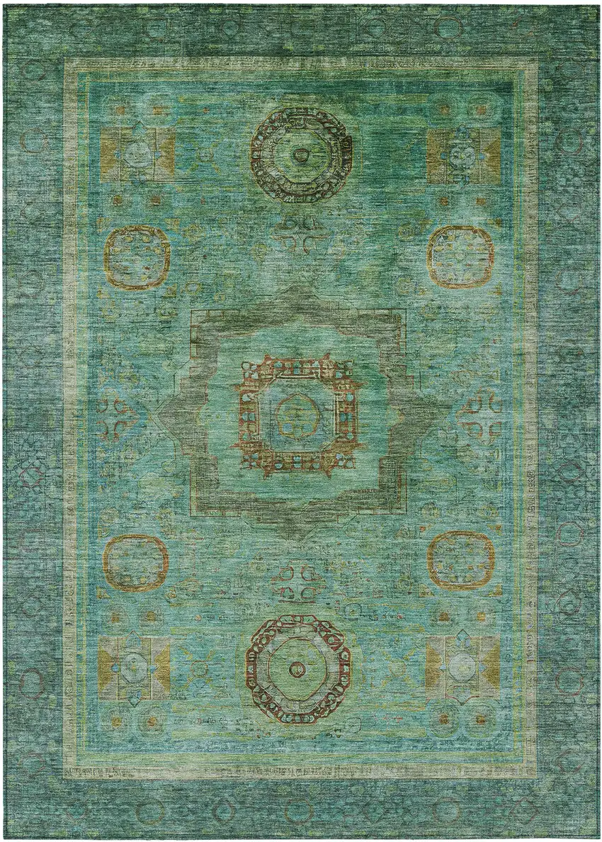 Green Copper And Teal Blue Oriental Washable Indoor Outdoor Area Rug Photo 1