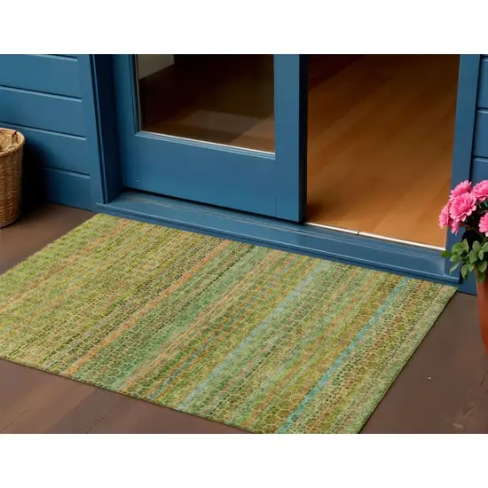 Green Copper And Teal Blue Striped Washable Indoor Outdoor Area Rug Photo 2