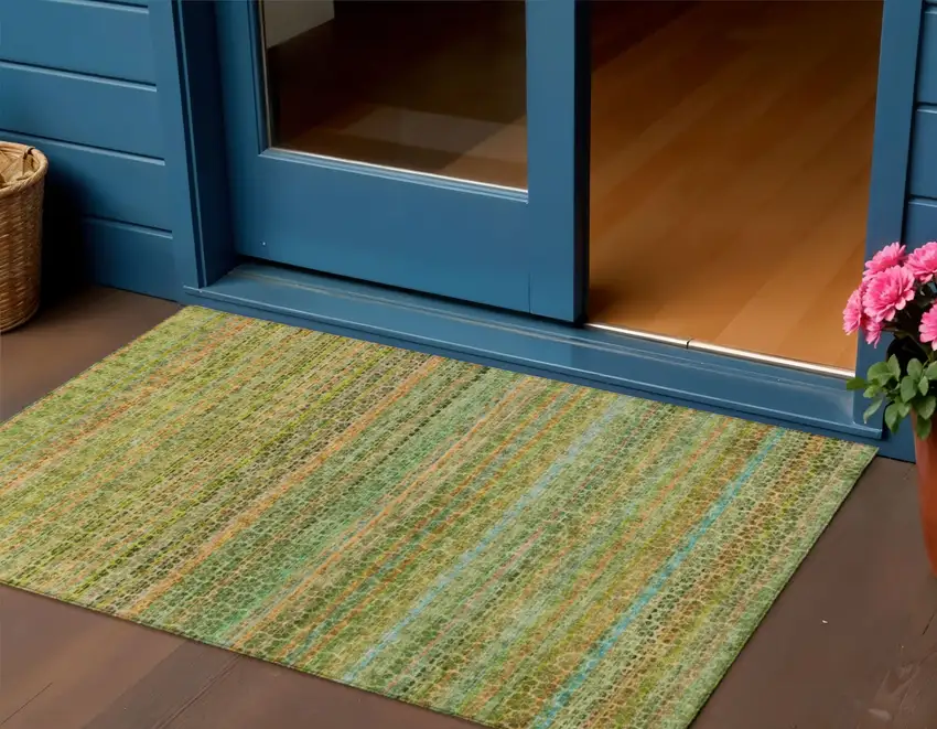 Green Copper And Teal Blue Striped Washable Indoor Outdoor Area Rug Photo 2