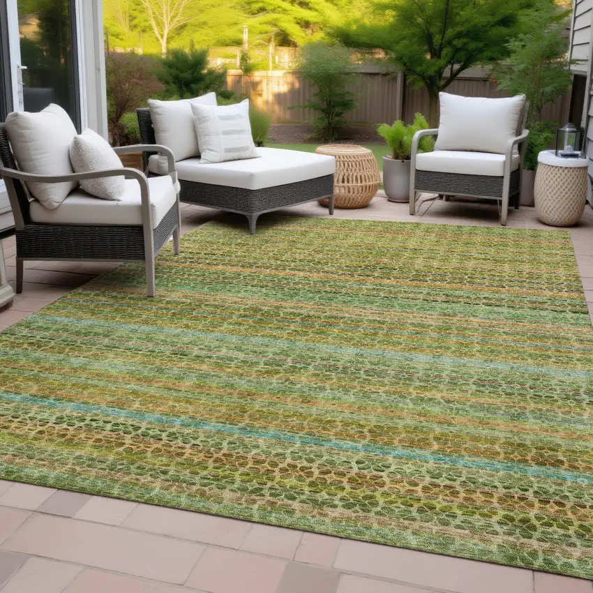 Green Copper And Teal Blue Striped Washable Indoor Outdoor Area Rug Photo 9