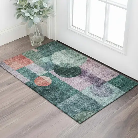 Green Coral And Lavender Geometric Washable Area Rug With UV Protection Photo 2