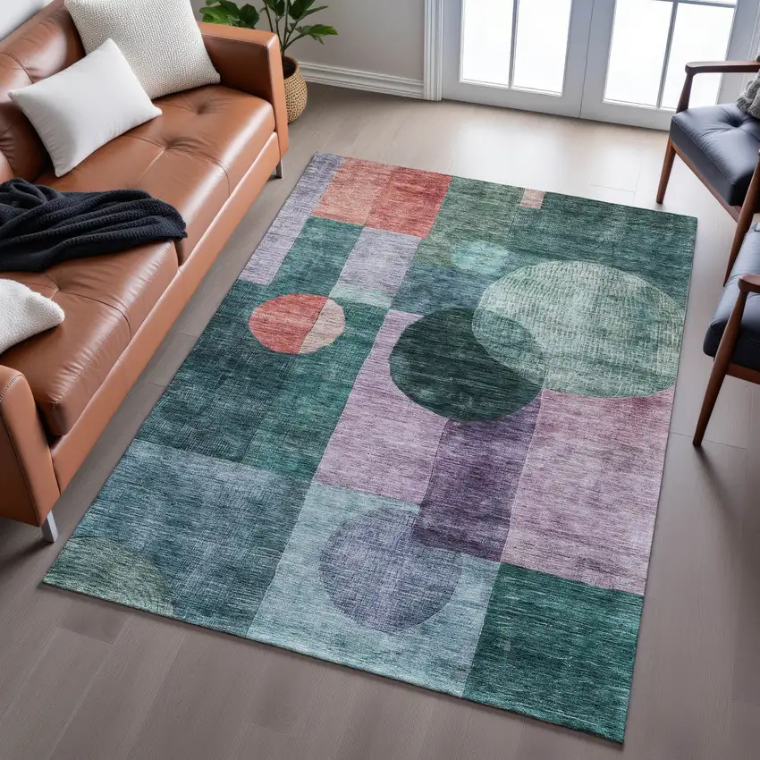 Green Coral And Lavender Geometric Washable Area Rug With UV Protection Photo 5