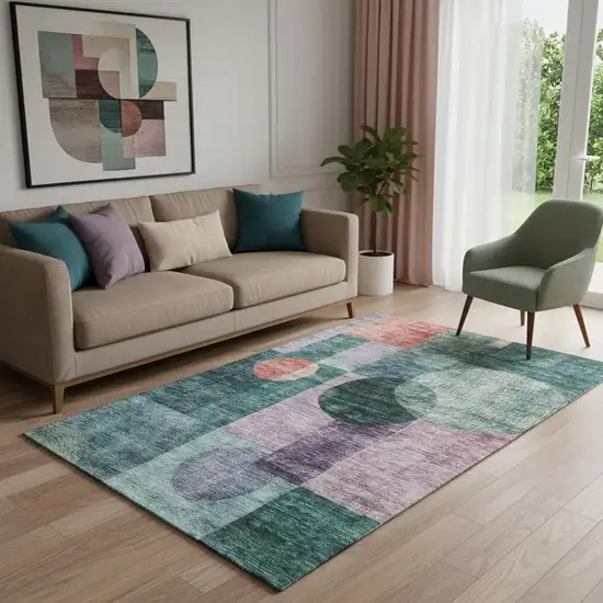 Green Coral And Lavender Geometric Washable Area Rug With UV Protection Photo 2