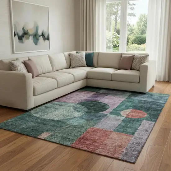 Green Coral And Lavender Geometric Washable Area Rug With UV Protection Photo 2