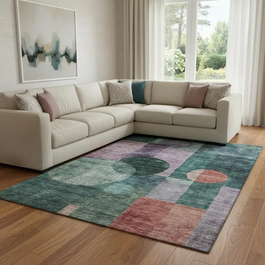 Green Coral And Lavender Geometric Washable Area Rug With UV Protection Photo 2