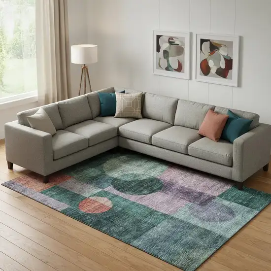 Green Coral And Lavender Geometric Washable Area Rug With UV Protection Photo 2