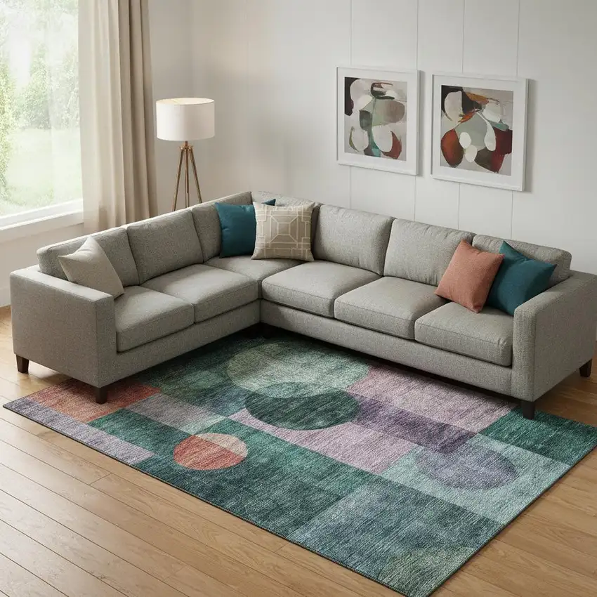 Green Coral And Lavender Geometric Washable Area Rug With UV Protection Photo 2