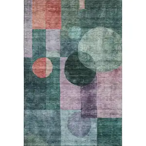 Photo of Green Coral And Lavender Geometric Washable Area Rug With UV Protection