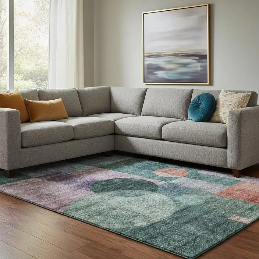 Green Coral And Lavender Geometric Washable Area Rug With UV Protection Photo 2