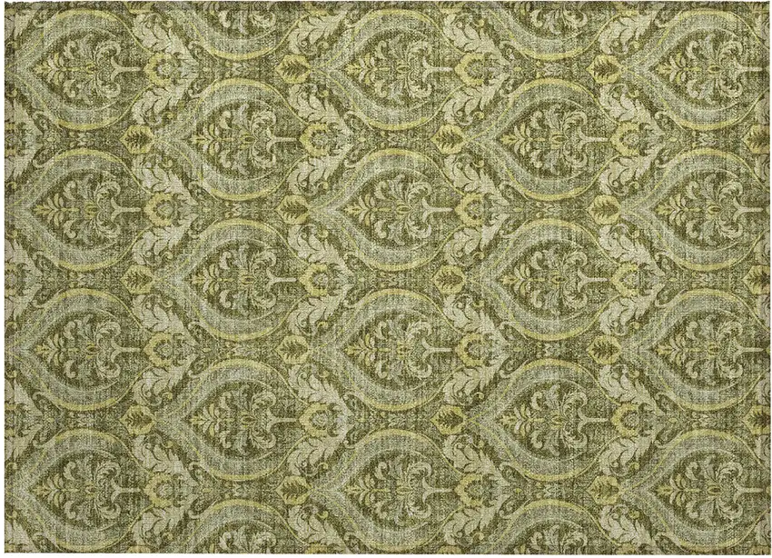 Green Damask Washable Non Skid Indoor Outdoor Area Rug Photo 2