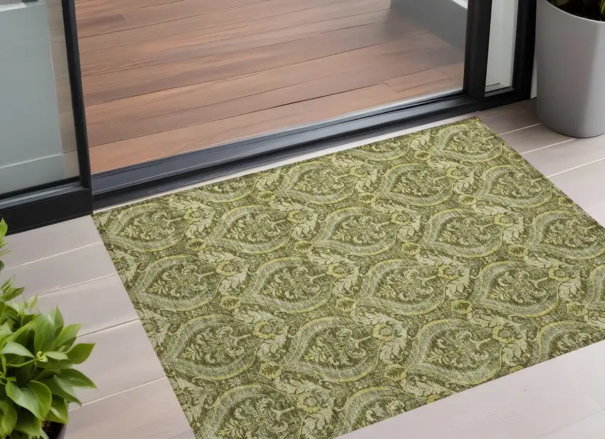 Green Damask Washable Non Skid Indoor Outdoor Area Rug Photo 1
