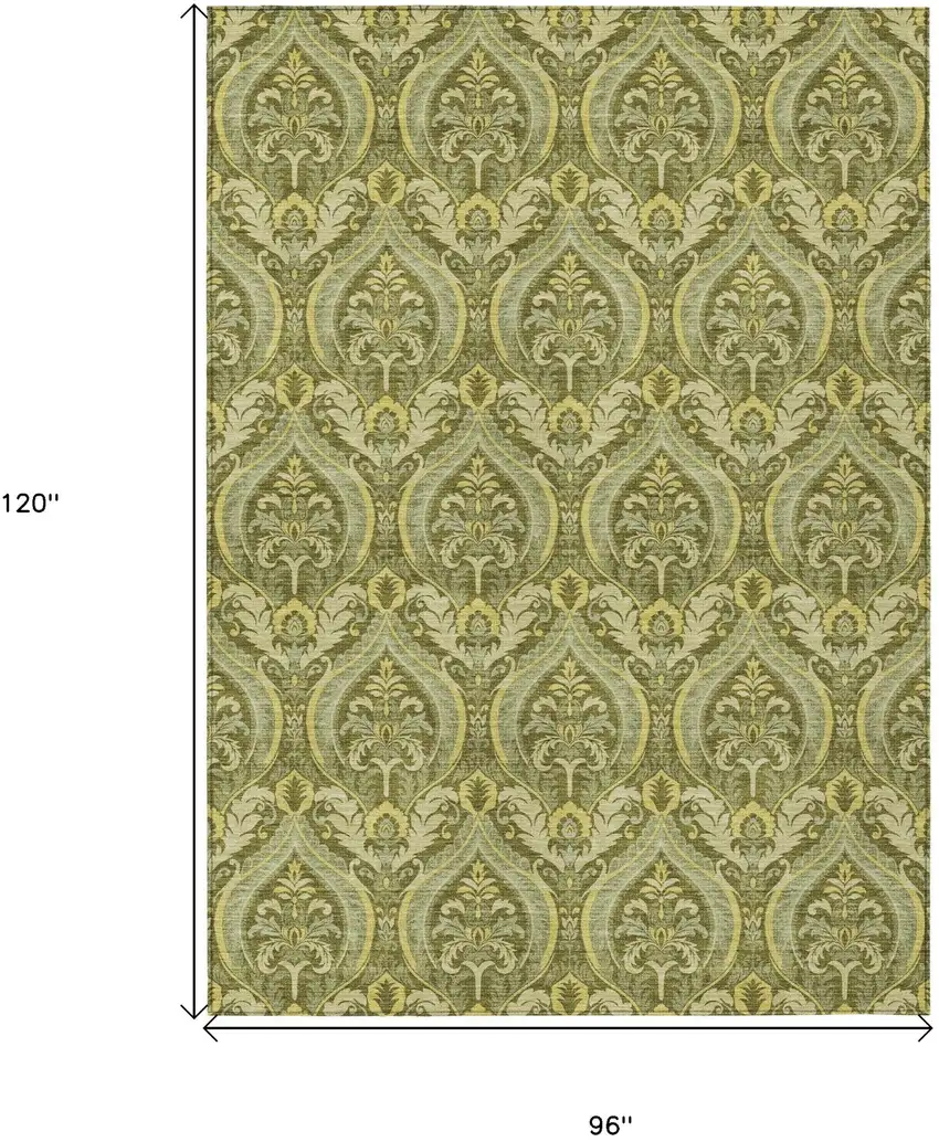 Green Damask Washable Non Skid Indoor Outdoor Area Rug Photo 3