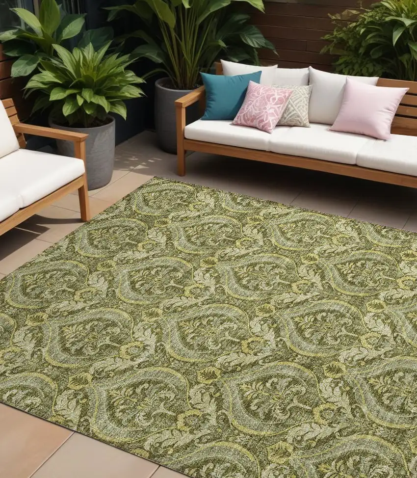 Green Damask Washable Non Skid Indoor Outdoor Area Rug Photo 1