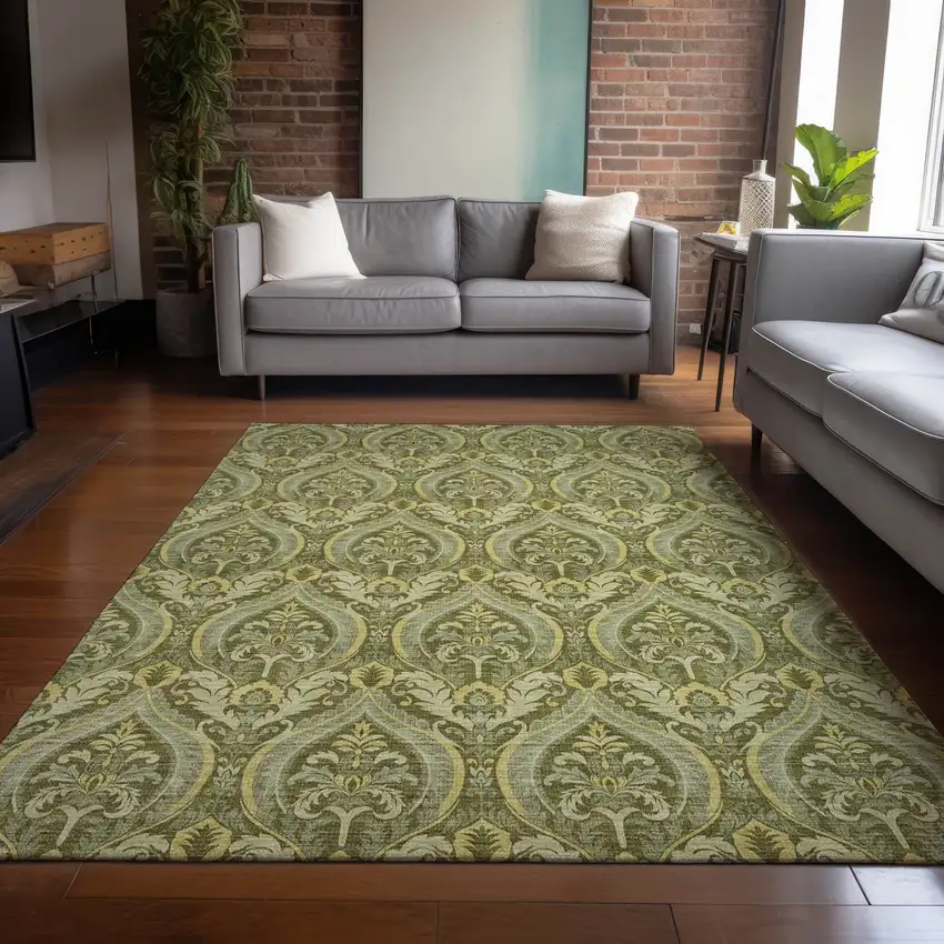 Green Damask Washable Non Skid Indoor Outdoor Area Rug Photo 9