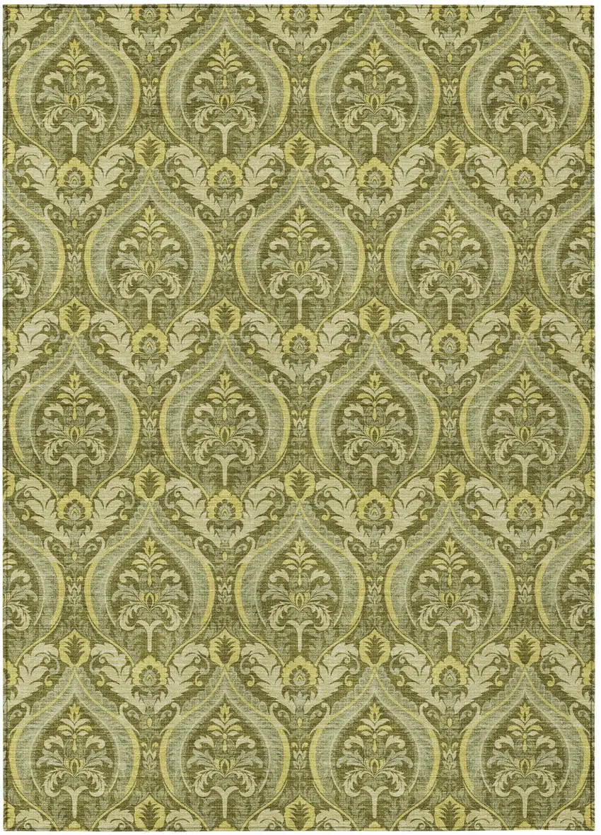 Green Damask Washable Non Skid Indoor Outdoor Area Rug Photo 2