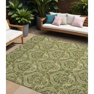 Photo of Green Damask Washable Non Skid Indoor Outdoor Area Rug
