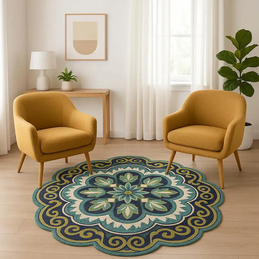 6' Green And Ivory Wool Geometric Hand Tufted Round Rug Photo 2