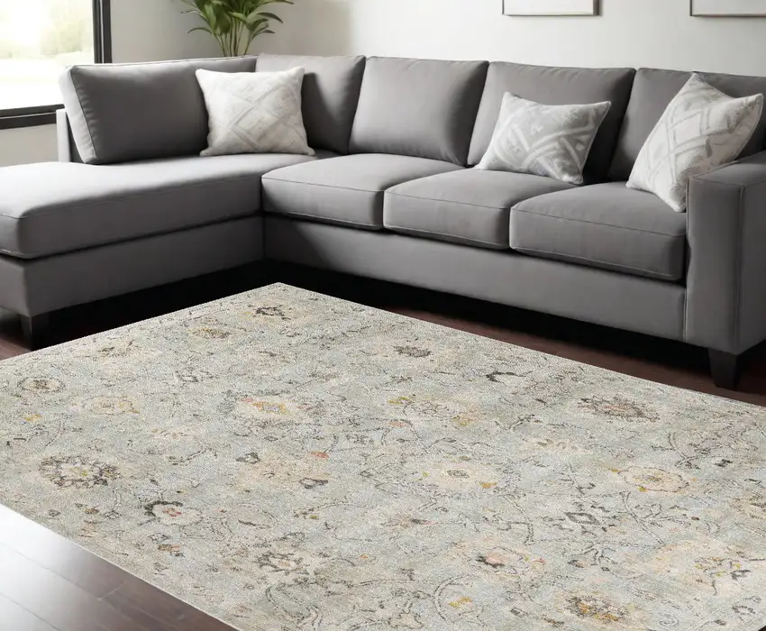 Green Floral Distressed Area Rug Photo 1