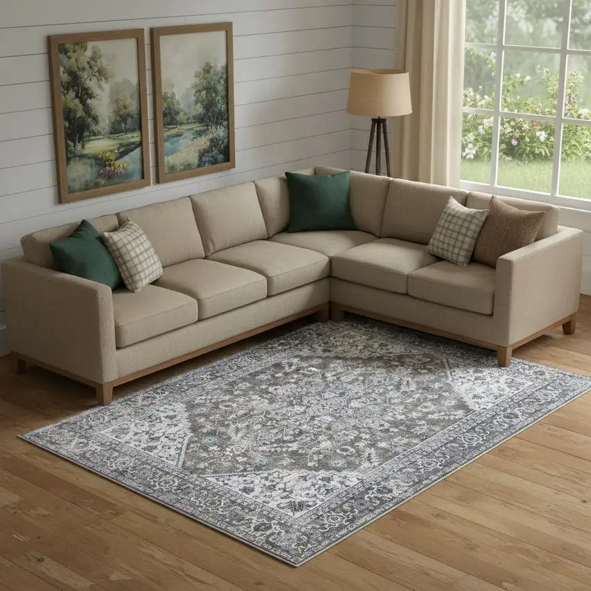 Green Floral Distressed Area Rug Photo 1