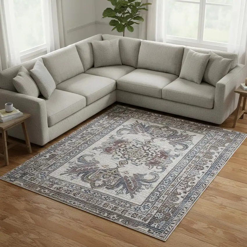 Green Floral Distressed Area Rug Photo 1