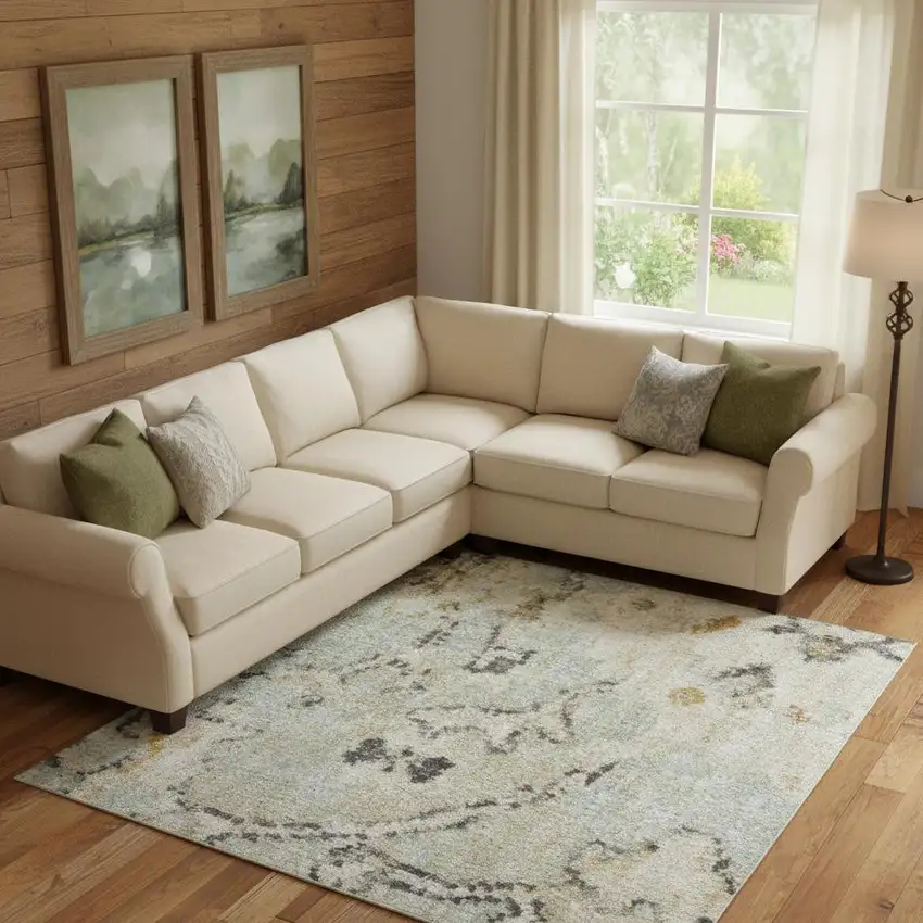 Green Floral Distressed Area Rug Photo 1