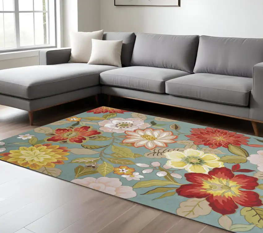 Green Floral Hand Hooked Area Rug Photo 1