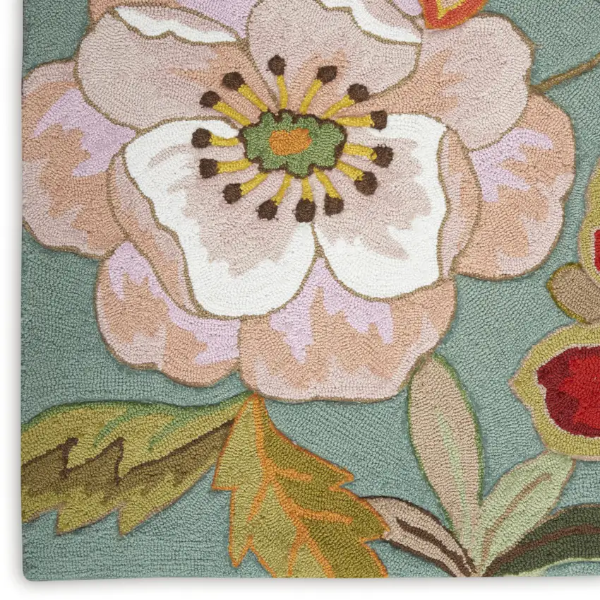 Green Floral Hand Hooked Area Rug Photo 1
