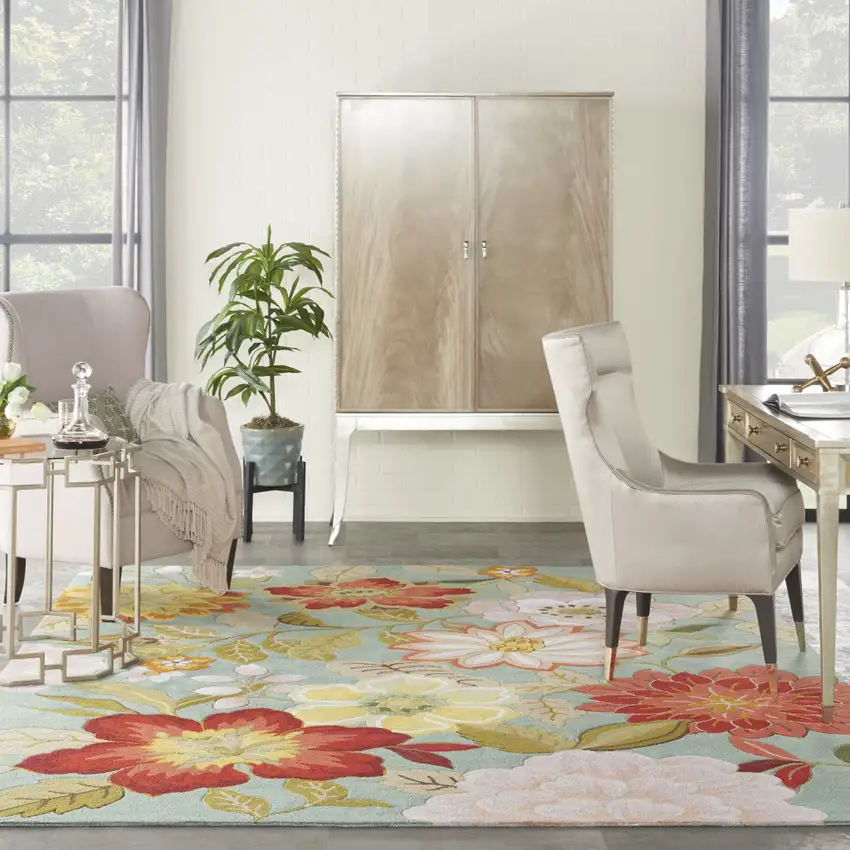 Green Floral Hand Hooked Area Rug Photo 5