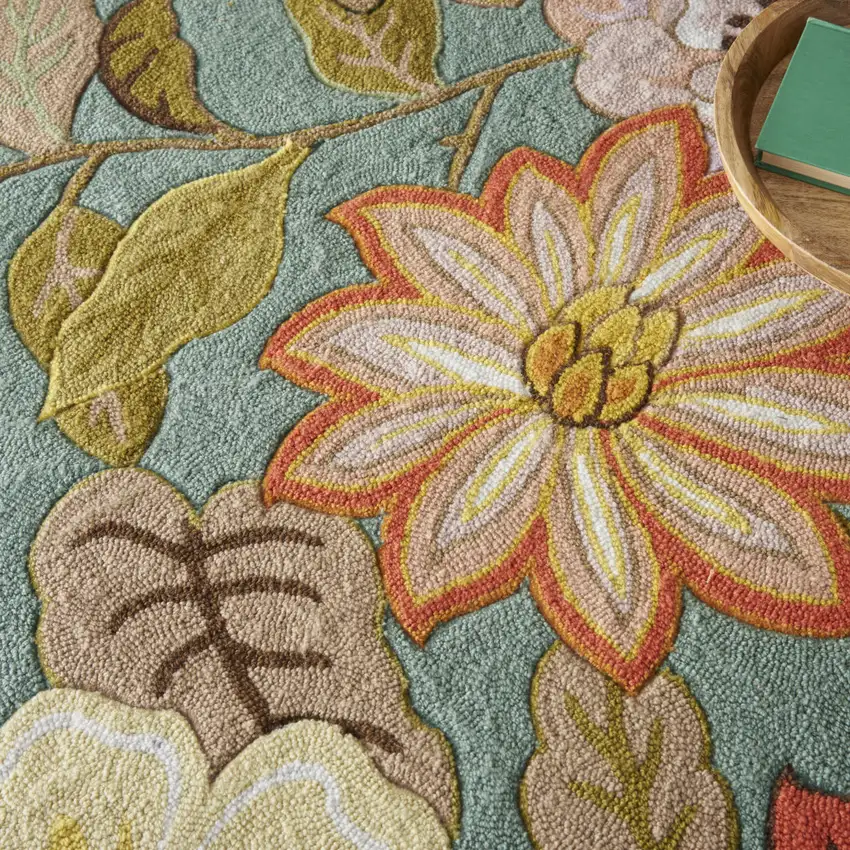 Green Floral Hand Hooked Handmade Area Rug Photo 9