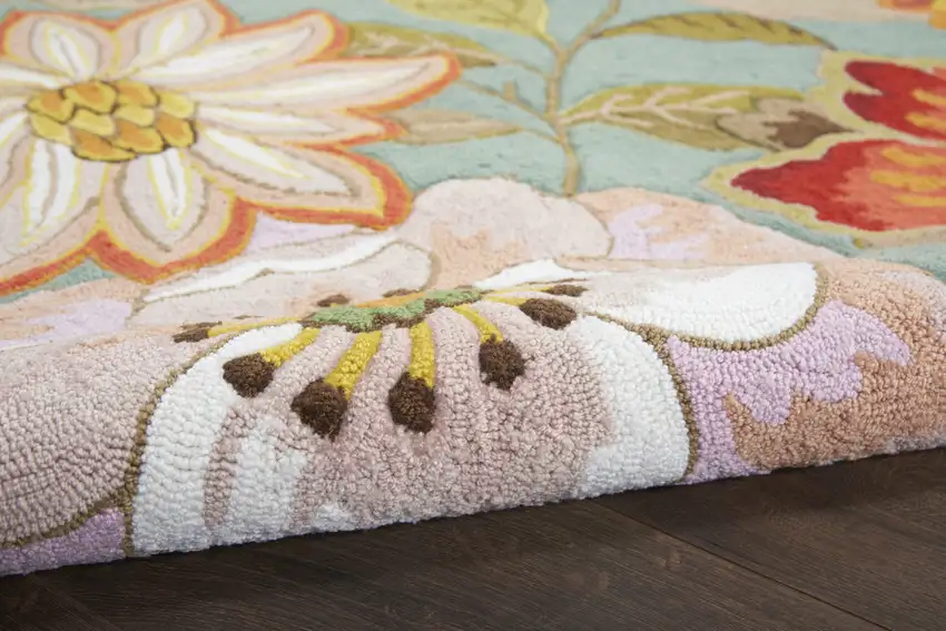 Green Floral Hand Hooked Handmade Area Rug Photo 8