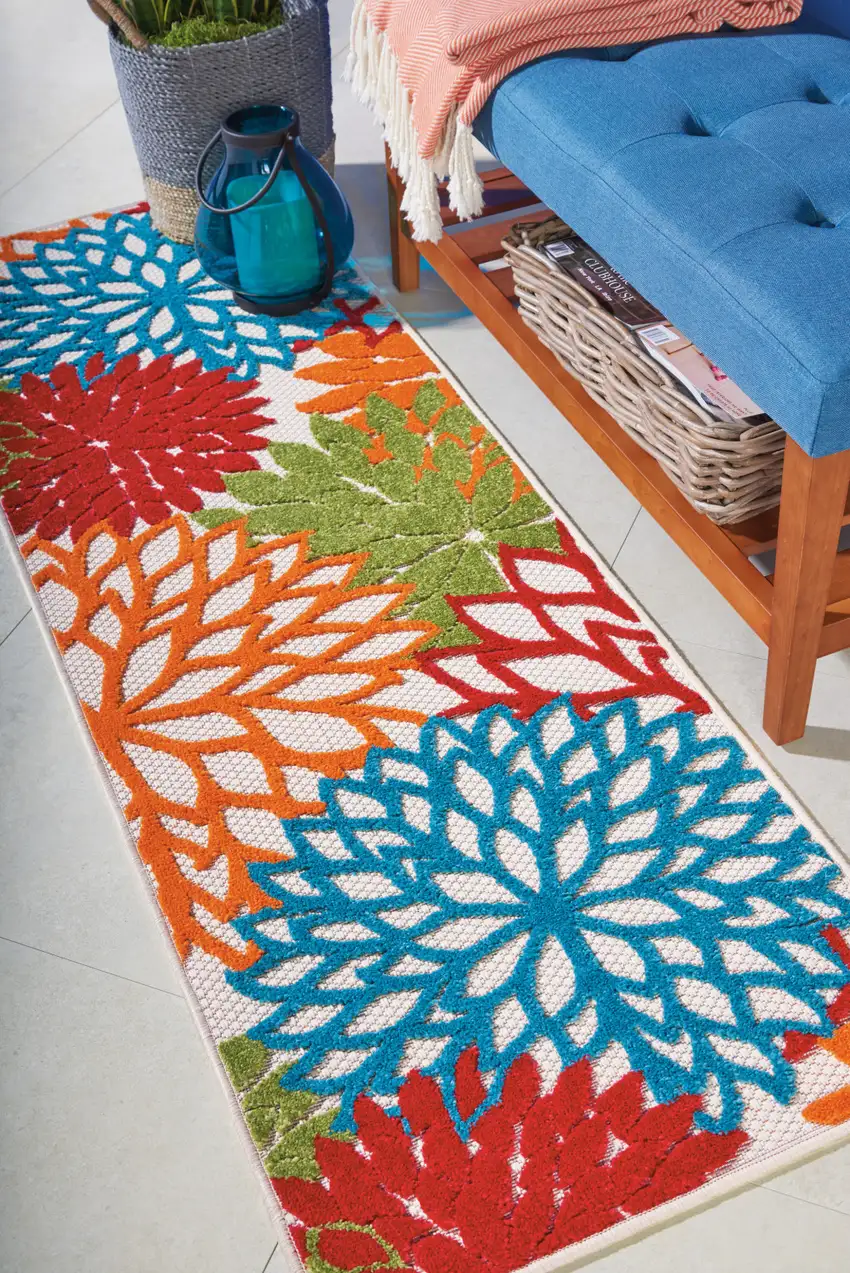Ivory Blue and Orange Floral Indoor Outdoor Area Rug Photo 9