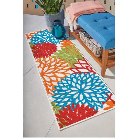 Ivory Blue and Orange Floral Indoor Outdoor Area Rug Photo 5