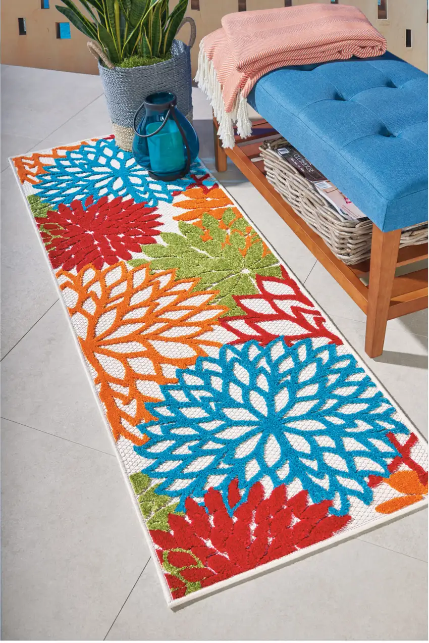 Ivory Blue and Orange Floral Indoor Outdoor Area Rug Photo 5