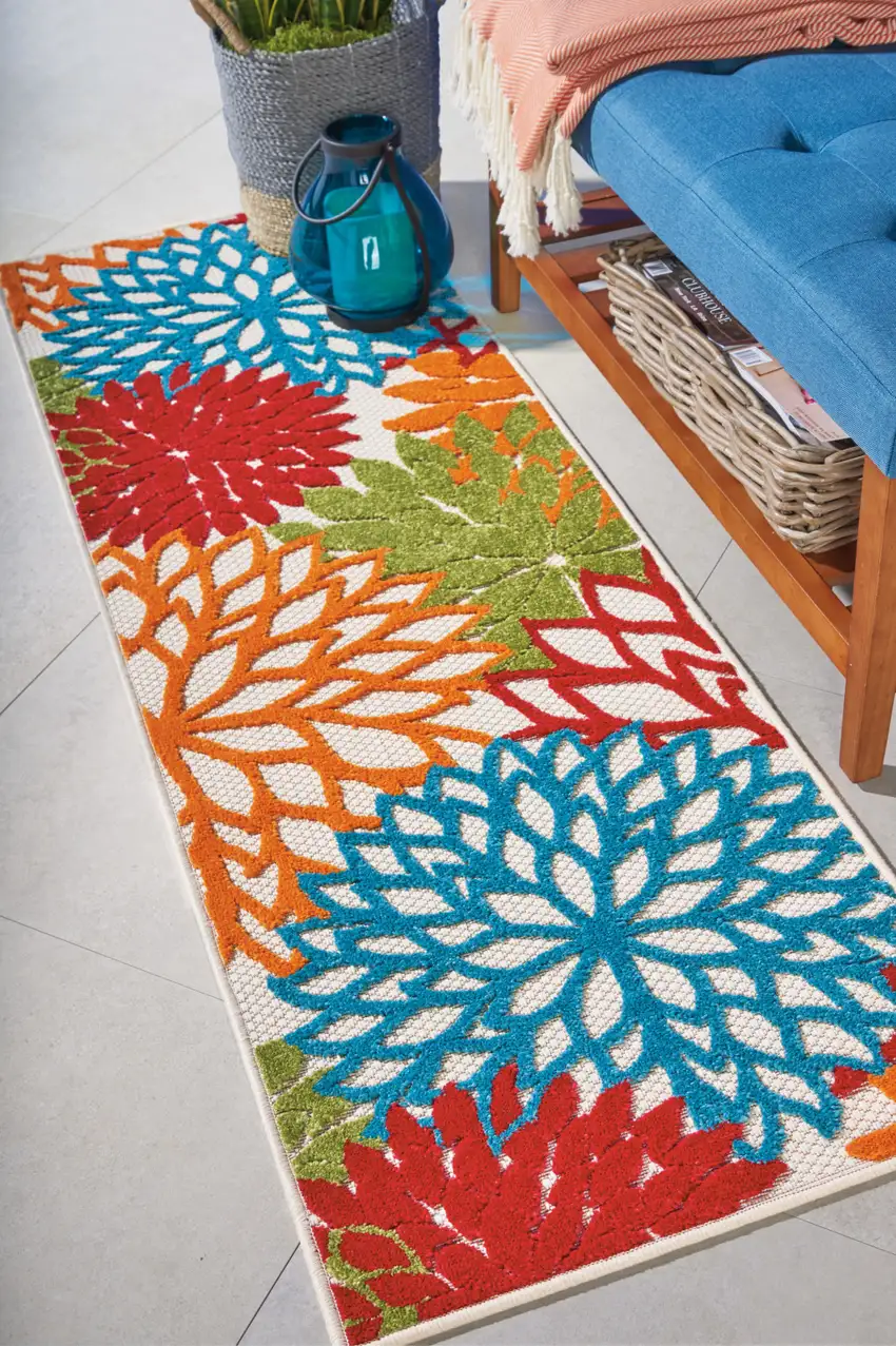 Ivory Blue and Orange Floral Indoor Outdoor Area Rug Photo 4
