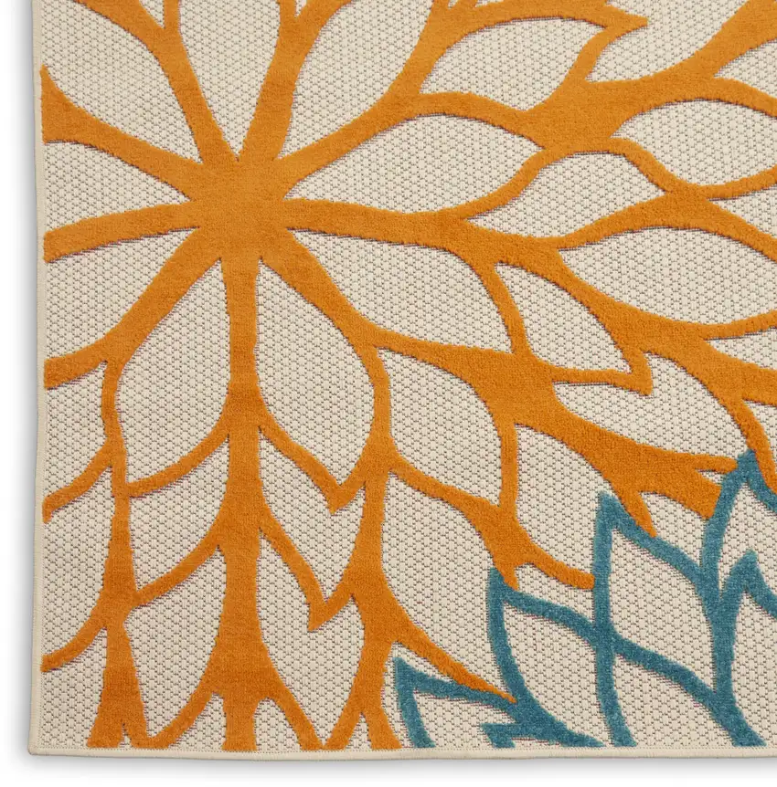 Ivory Blue and Orange Floral Indoor Outdoor Area Rug Photo 9