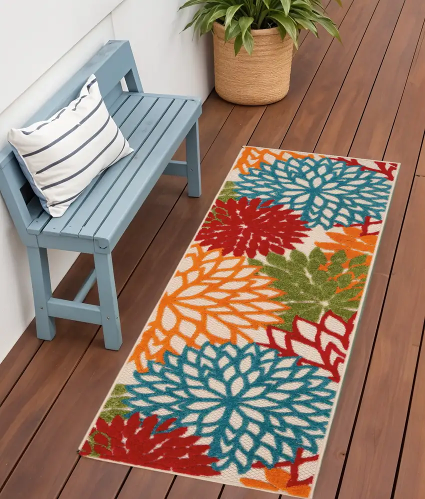 Ivory Blue and Orange Floral Indoor Outdoor Area Rug Photo 2