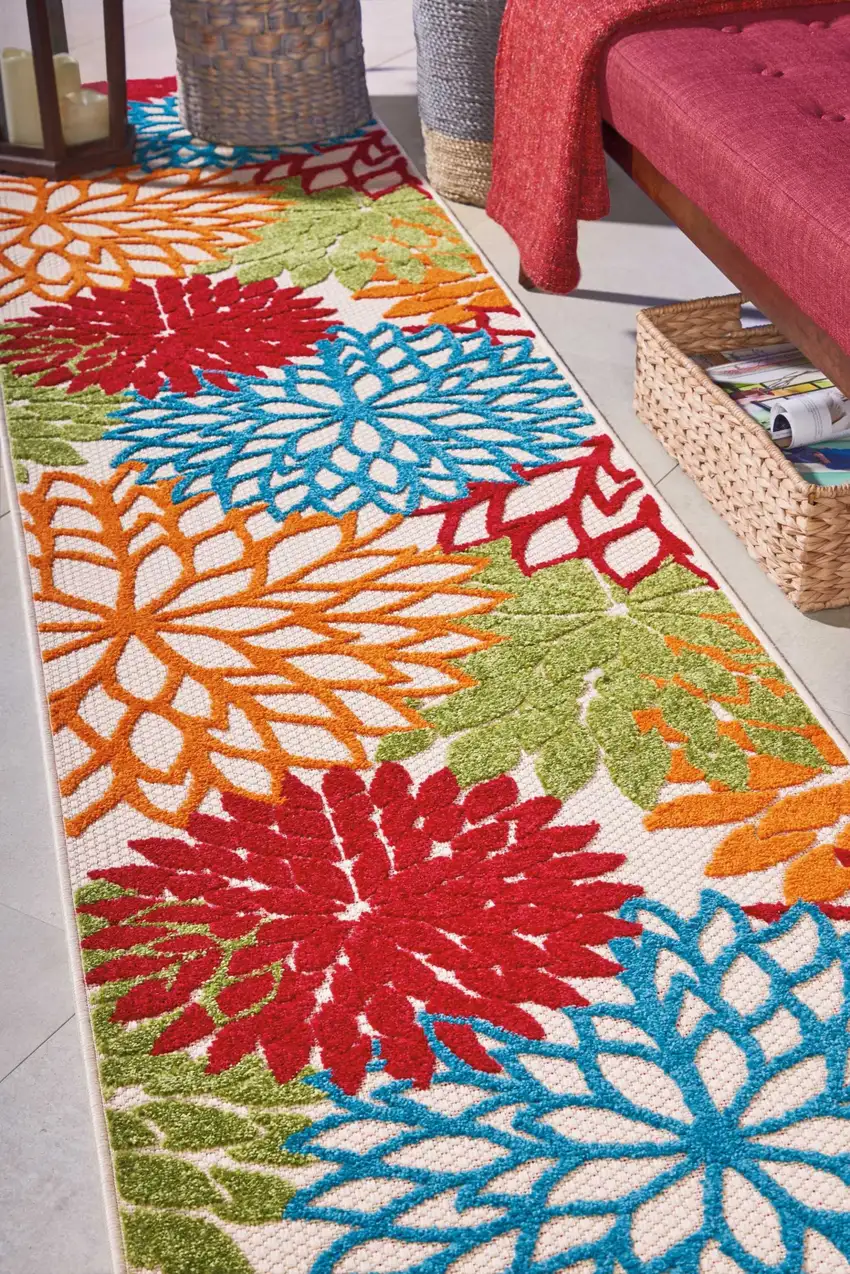 Green Floral Indoor Outdoor Runner Rug Photo 4