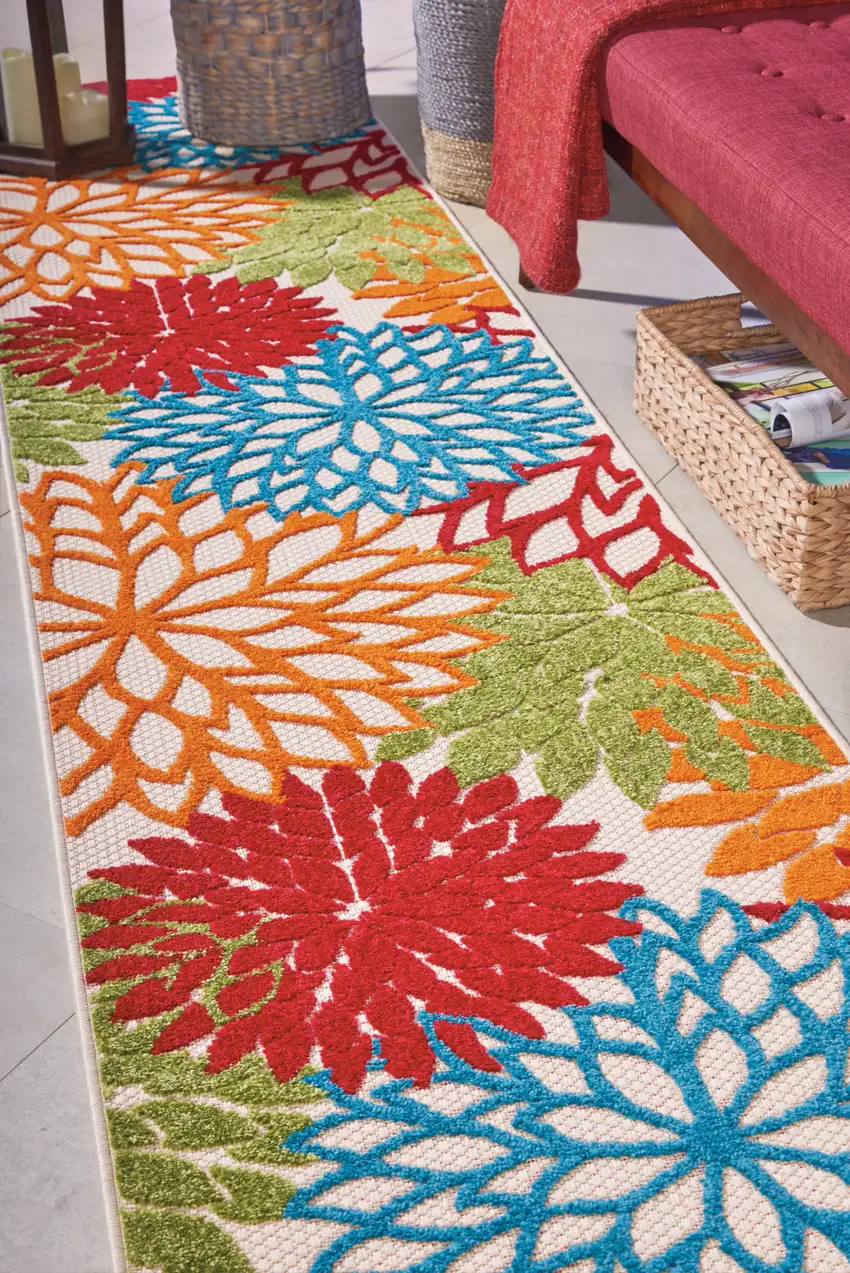 Green And Ivory Floral Indoor Outdoor Runner Rug Photo 4