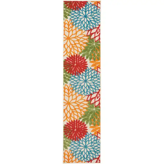 12' Green And Ivory Floral Indoor Outdoor Runner Rug Photo 3