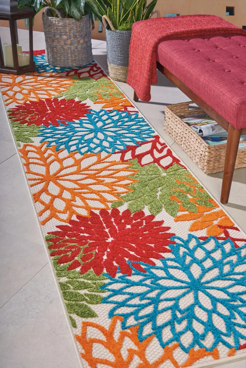Green Floral Indoor Outdoor Runner Rug Photo 5