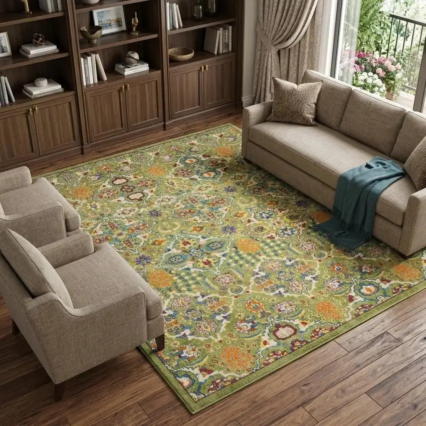 Green Floral Power Loom Area Rug Photo 1
