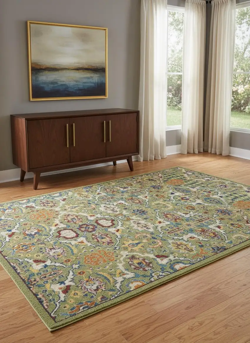 Green Floral Power Loom Area Rug Photo 1